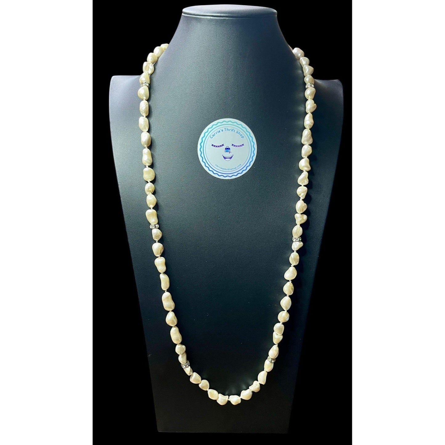 Long Baroque Style Pearl Necklace 34” Faux Irregular Beaded Strand Rhinestone