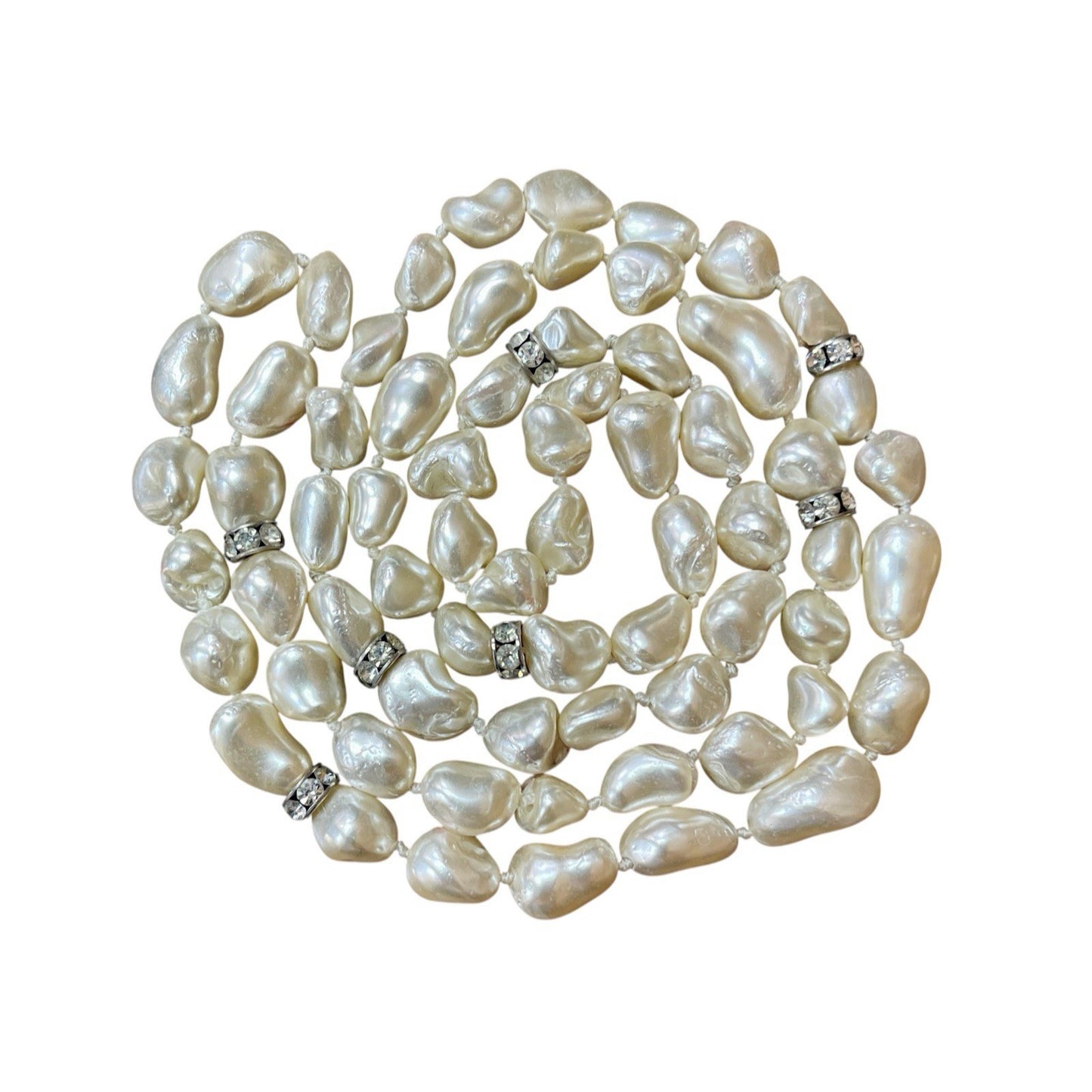 Long Baroque Style Pearl Necklace 34” Faux Irregular Beaded Strand Rhinestone