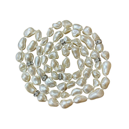 Long Baroque Style Pearl Necklace 34” Faux Irregular Beaded Strand Rhinestone