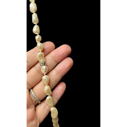 Long Baroque Style Pearl Necklace 34” Faux Irregular Beaded Strand Rhinestone