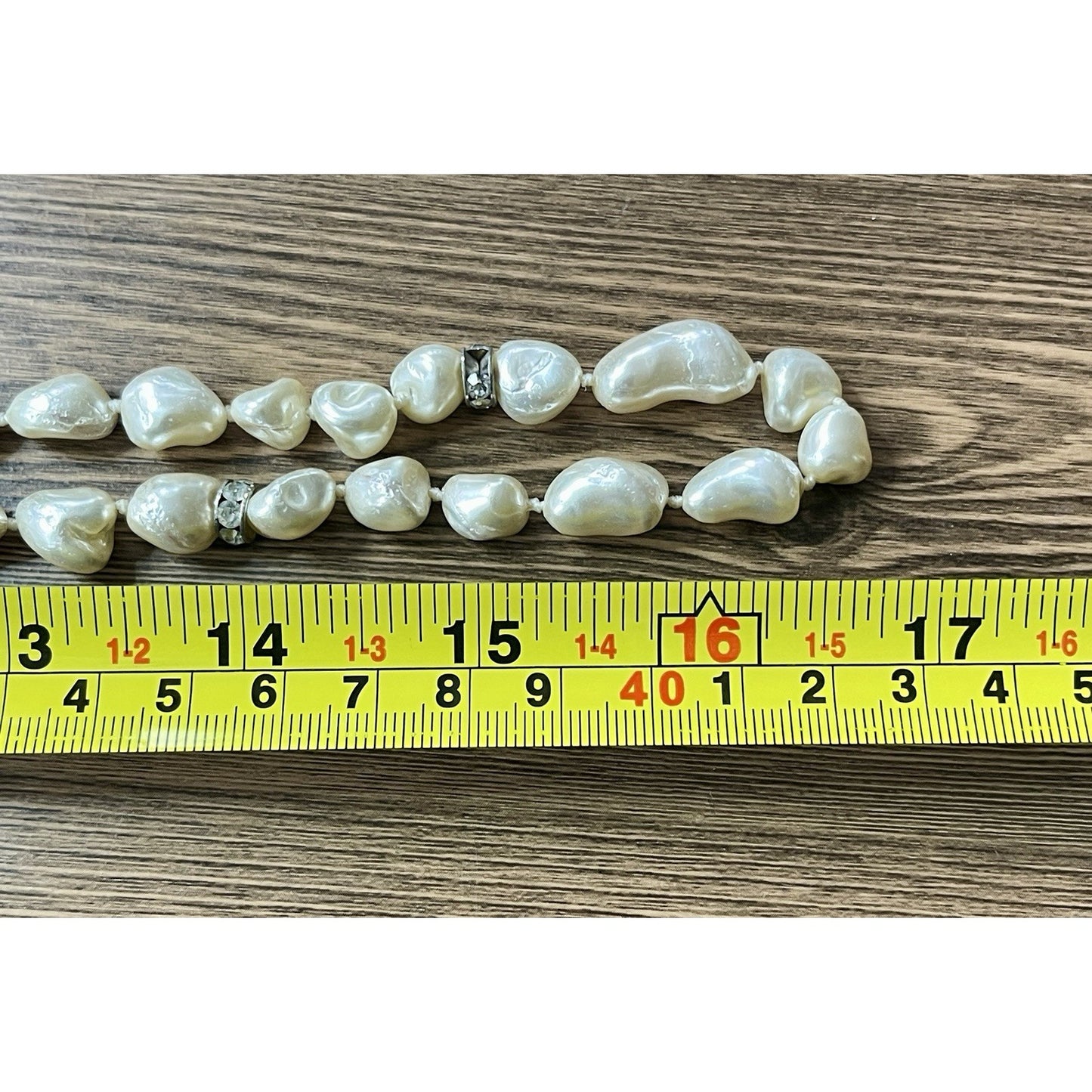 Long Baroque Style Pearl Necklace 34” Faux Irregular Beaded Strand Rhinestone