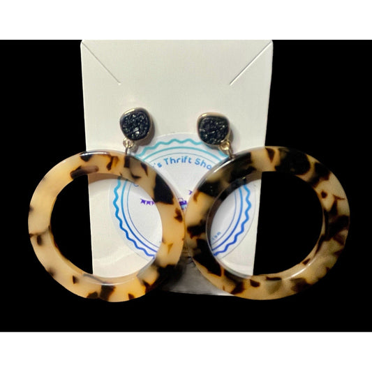 1980’s Tortoise Lucite Shell Druzy Large Round 2” Pierced Earrings EUC Gorgeous