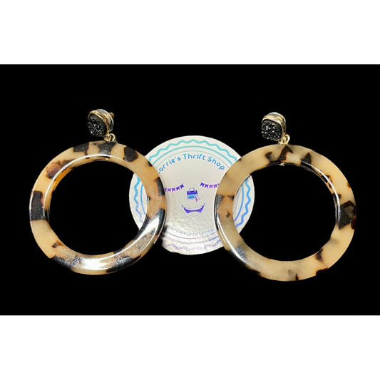 1980’s Tortoise Lucite Shell Druzy Large Round 2” Pierced Earrings EUC Gorgeous