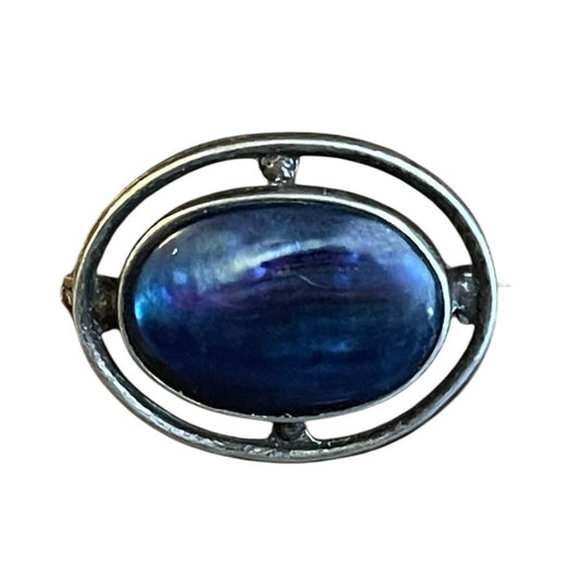 Antique Sterling Silver Blue Moonstone Oval Brooch Pin Art Deco 7g EUC Gorgeous