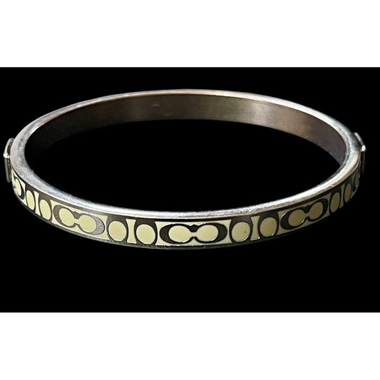 Authentic COACH Gold Tone Enamel Signature C Logo Bangle Bracelet Ivory 7” EUC