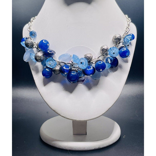 Blue Cluster Necklace Glass Beads Silver Tone Chain Chunky Statement Fashion