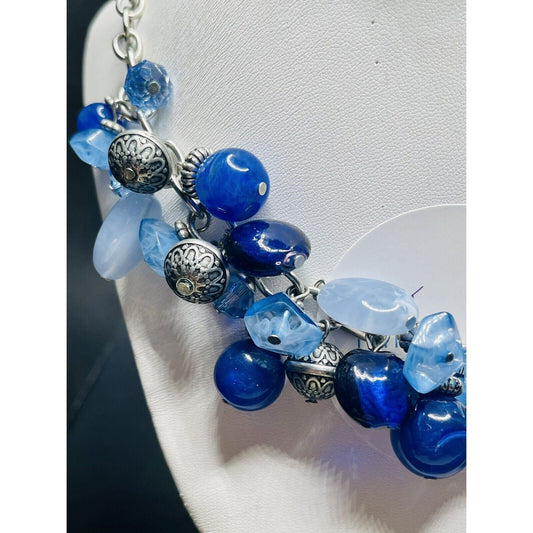 Blue Cluster Necklace Glass Beads Silver Tone Chain Chunky Statement Fashion