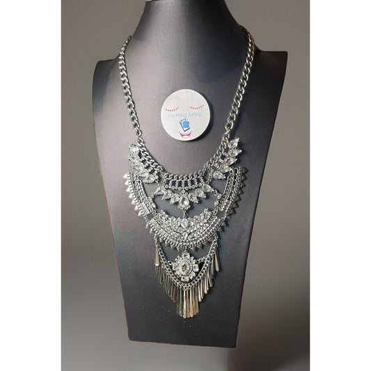 Boho Tribal Statement Bib Necklace Silver Tone Rhinestone Fringe Chunky