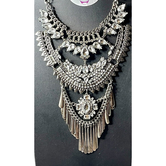 Boho Tribal Statement Bib Necklace Silver Tone Rhinestone Fringe Chunky