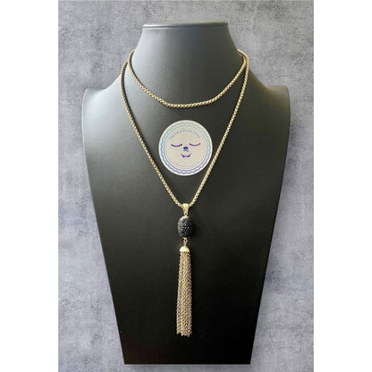 Gold Tone Long Tassel Necklace Black Pave Crystal Pendant Statement Chain 42”
