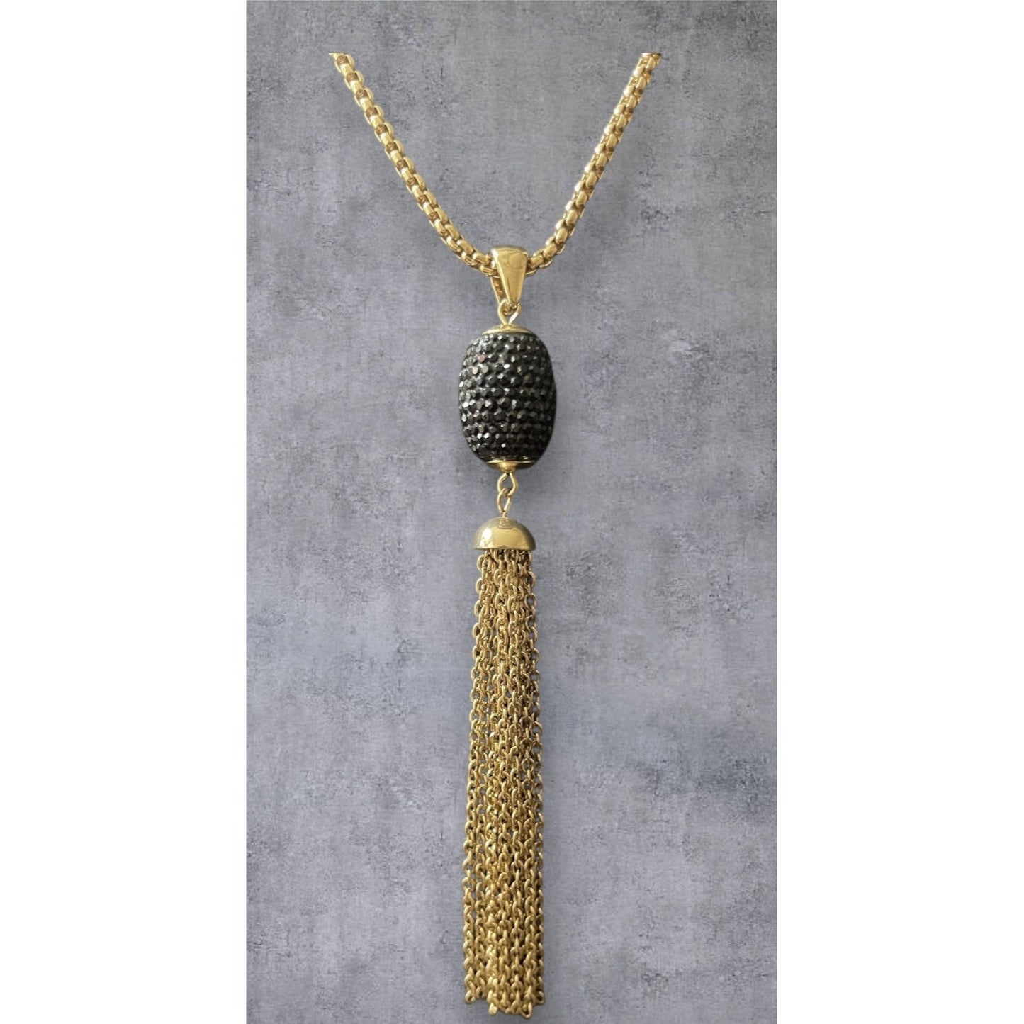 Gold Tone Long Tassel Necklace Black Pave Crystal Pendant Statement Chain 42”