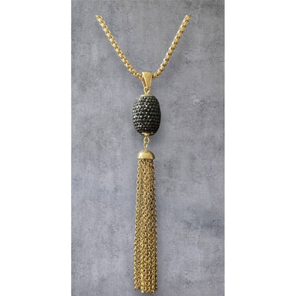 Gold Tone Long Tassel Necklace Black Pave Crystal Pendant Statement Chain 42”