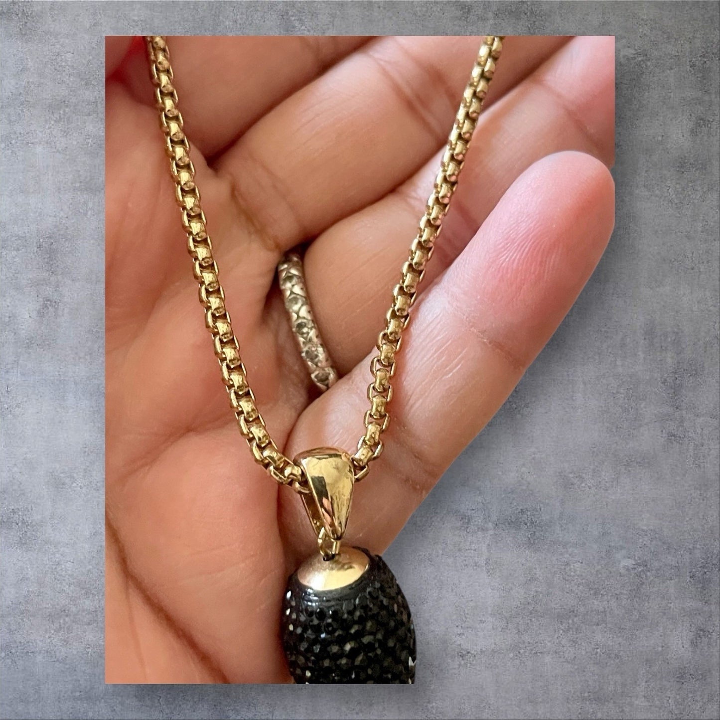 Gold Tone Long Tassel Necklace Black Pave Crystal Pendant Statement Chain 42”