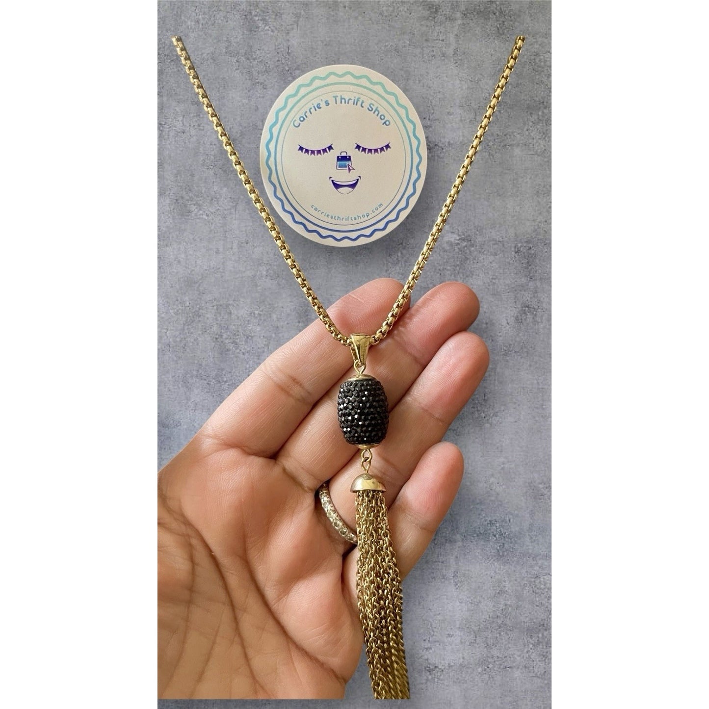Gold Tone Long Tassel Necklace Black Pave Crystal Pendant Statement Chain 42”