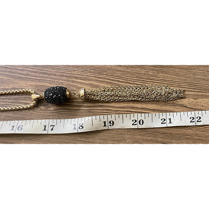 Gold Tone Long Tassel Necklace Black Pave Crystal Pendant Statement Chain 42”