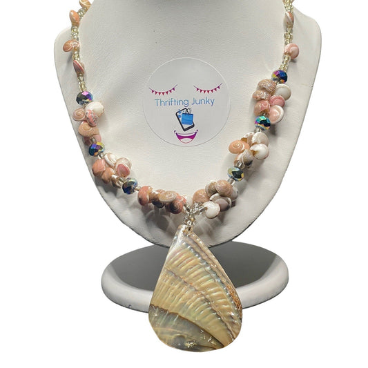 Abalone Pendant & Sea Shells" Beaded Choker Toggle 24” Necklace EUC Gorgeous