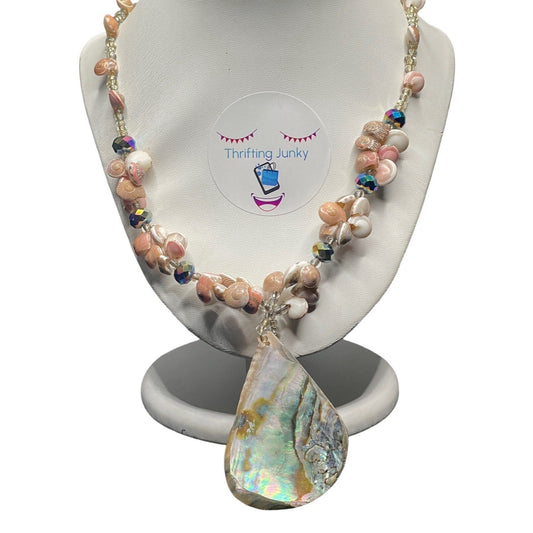 Abalone Pendant & Sea Shells" Beaded Choker Toggle 24” Necklace EUC Gorgeous