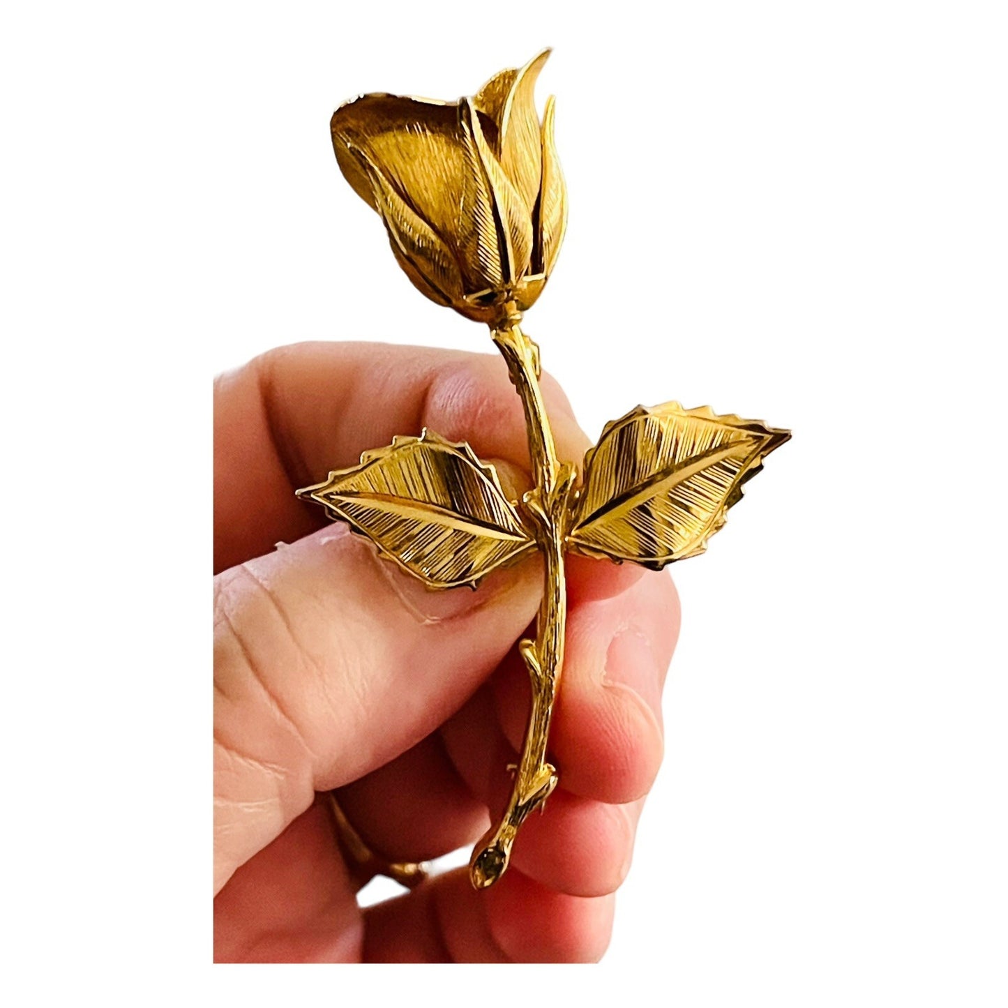 Vintage Rose Flower Texture Carved 3” Gold-tone Brooch EUC