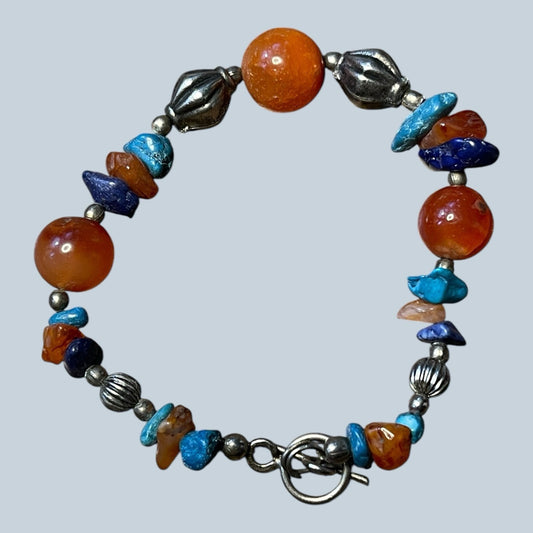 Boho Artisan Gemstone Bracelet Quartz Amethyst Turquoise Chips Orange Beads 7”