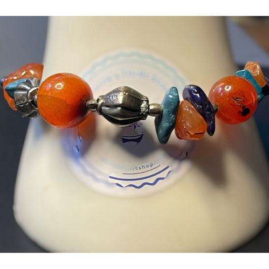 Boho Artisan Gemstone Bracelet Quartz Amethyst Turquoise Chips Orange Beads 7”
