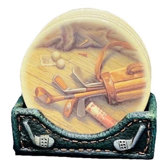 Golf Lovers Green Beige 4” Stoneware Coaster Set VGUC Gorgeous
