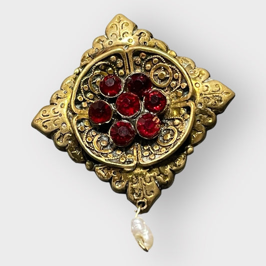 Antique Victorian Style Brooch Pin Floral with Garnet Red Stones & Pearl Drop