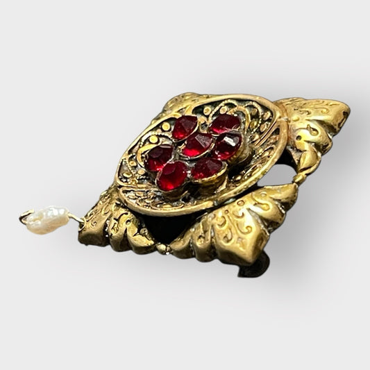 Antique Victorian Style Brooch Pin Floral with Garnet Red Stones & Pearl Drop