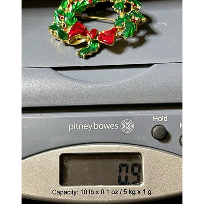 Christmas Wreath Holly Berries Red Bow Enamel 2" Gold-tone Brooch EUC Gorgeous