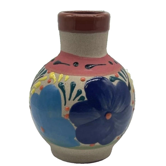 Mexican Hand Painted Colorful Floral 8” Sandstone Vase VGUC Gorgeous