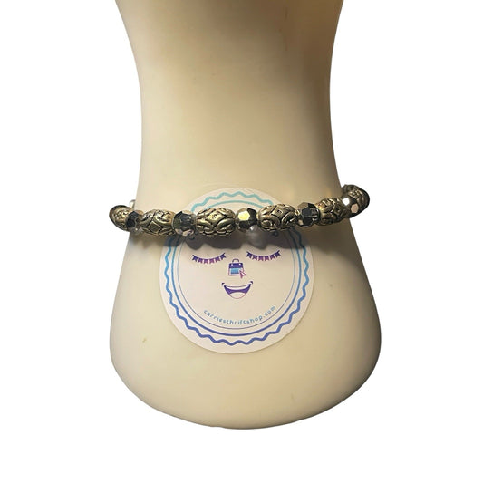 2pc Beaded Bracelet Lot Amber Crystal “Inspire” Charm & Bali Style Silver Tone