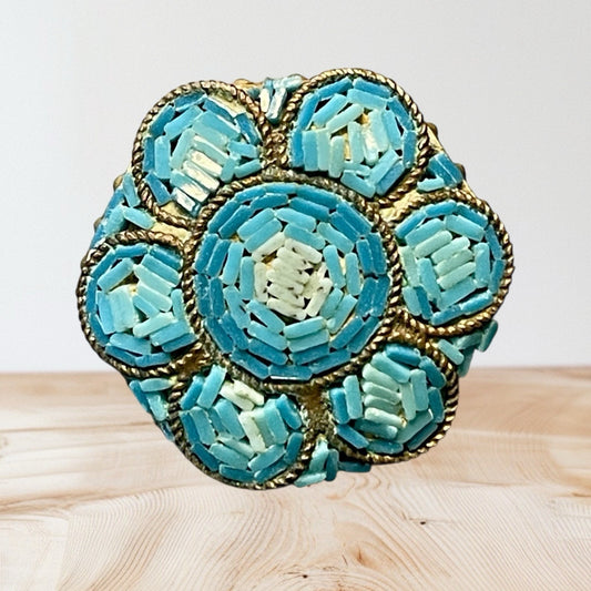 Antique Victorian Italian Micro Mosaic Brooch Floral Glass Gilt Brass c1860 EUC