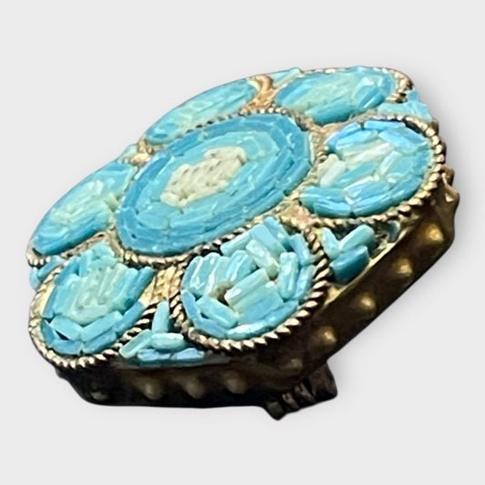 Antique Victorian Italian Micro Mosaic Brooch Floral Glass Gilt Brass c1860 EUC