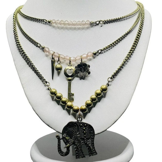 Bohemian Lucky Elephant Key Ball Brass 34” Gold-tone Necklace EUC Gorgeous