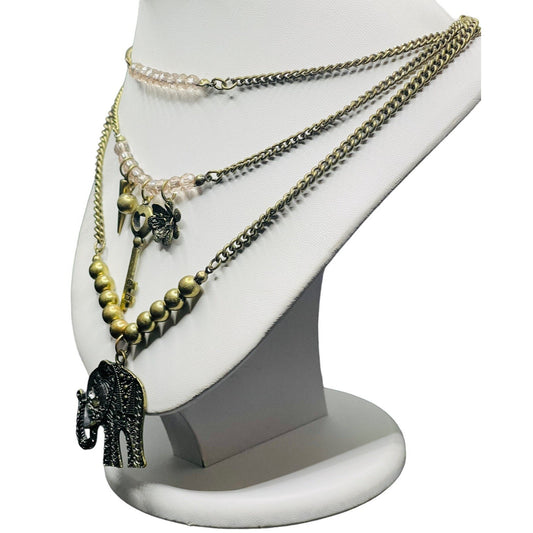 Bohemian Lucky Elephant Key Ball Brass 34” Gold-tone Necklace EUC Gorgeous