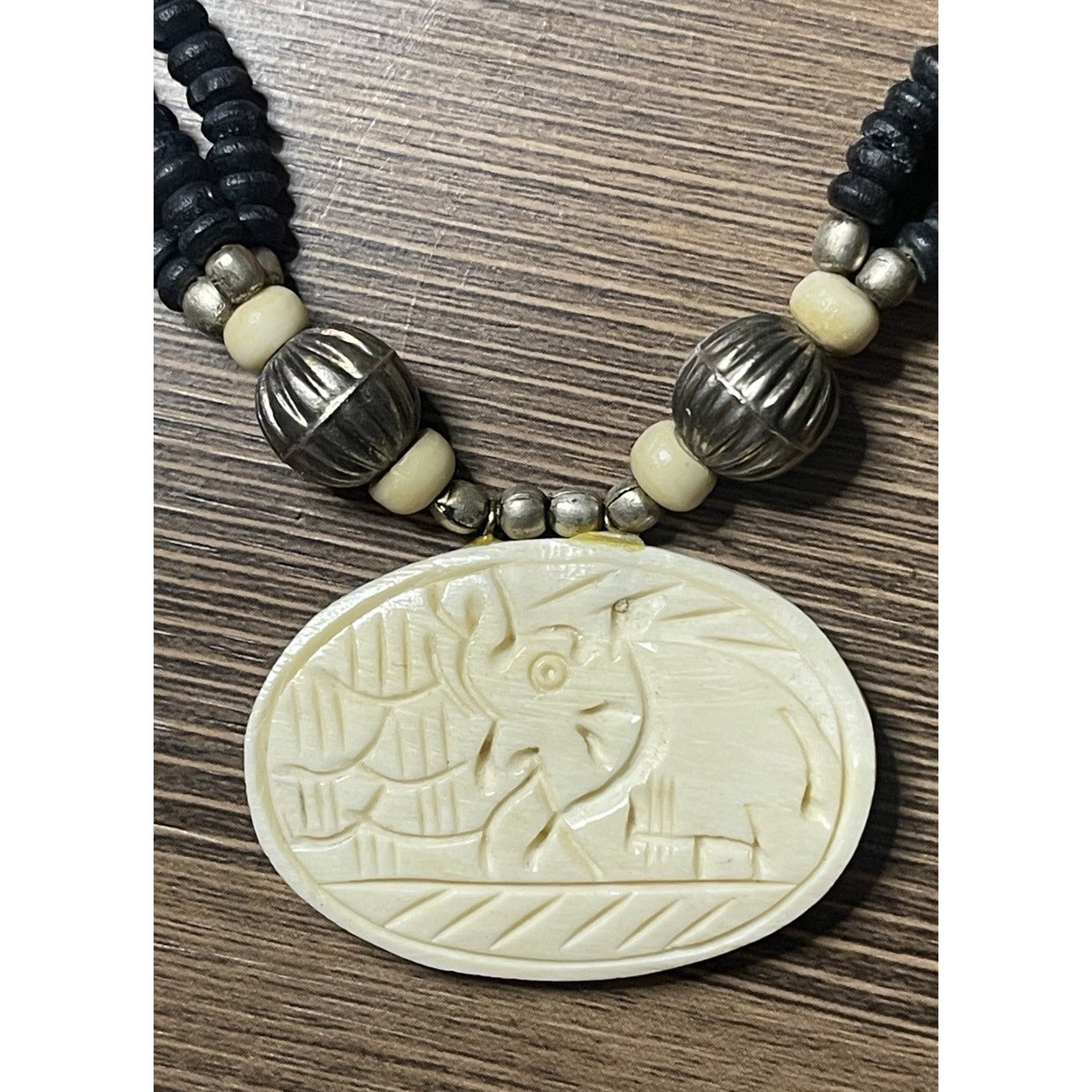 Elephant Black Lava Beads Hand Carved Silver Round Spacers 26” Necklace VGUC