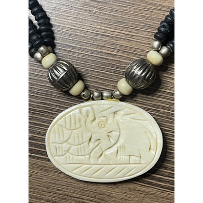 Elephant Black Lava Beads Hand Carved Silver Round Spacers 26” Necklace VGUC