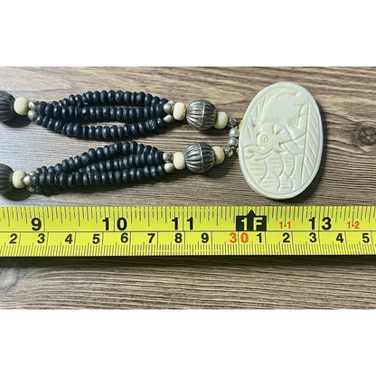 Elephant Black Lava Beads Hand Carved Silver Round Spacers 26” Necklace VGUC