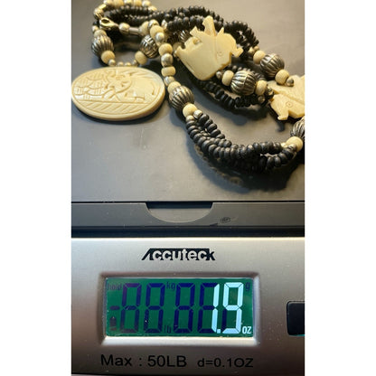 Elephant Black Lava Beads Hand Carved Silver Round Spacers 26” Necklace VGUC