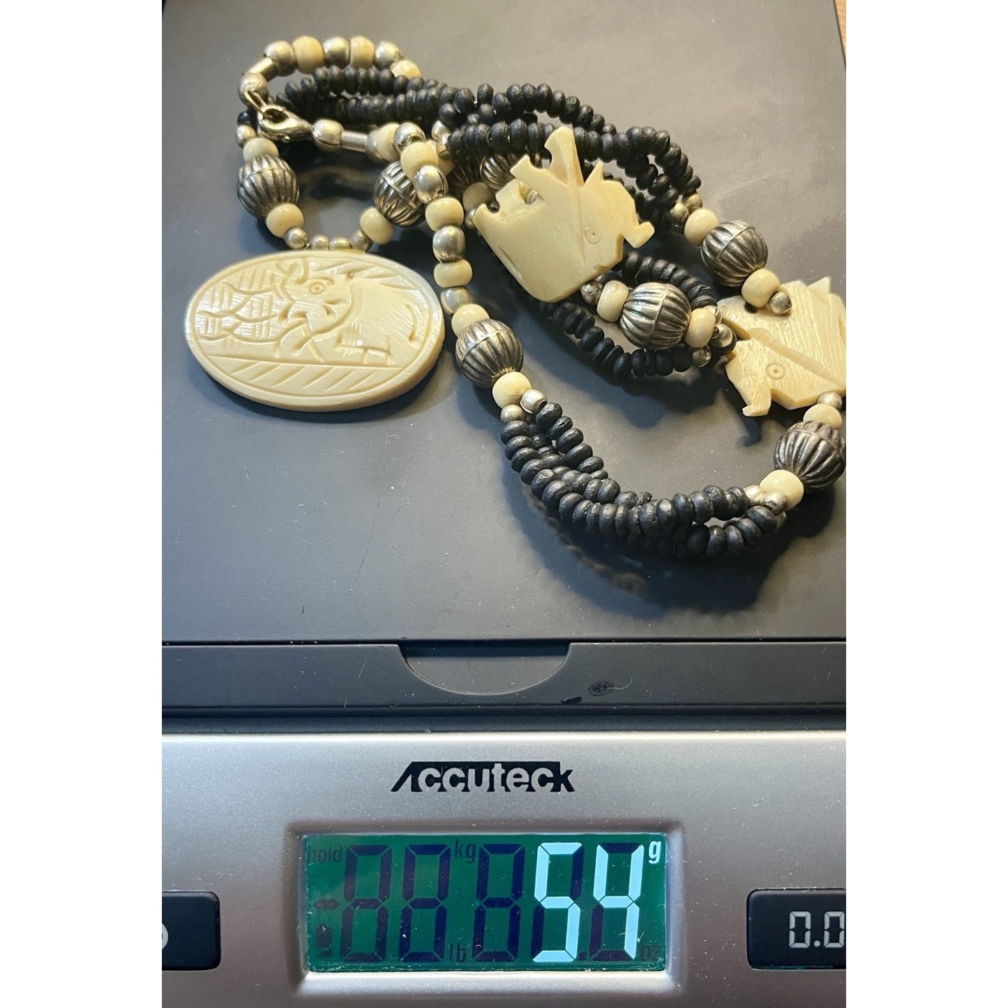 Elephant Black Lava Beads Hand Carved Silver Round Spacers 26” Necklace VGUC